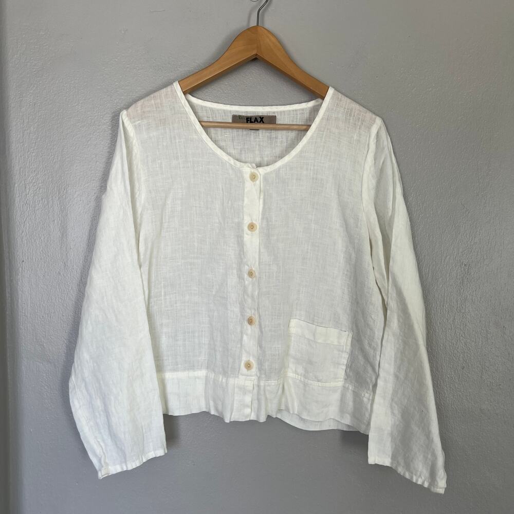 FLAX Women's 100% Linen White Button Front Shirt Women's Sz S Long Sleeves Sheer